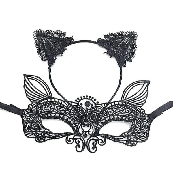 Ensemble combiné bandeau et masque de chat Kitty en dentelle noire, costume d'halloween pour adultes et enfants britanniques, robe fantaisie