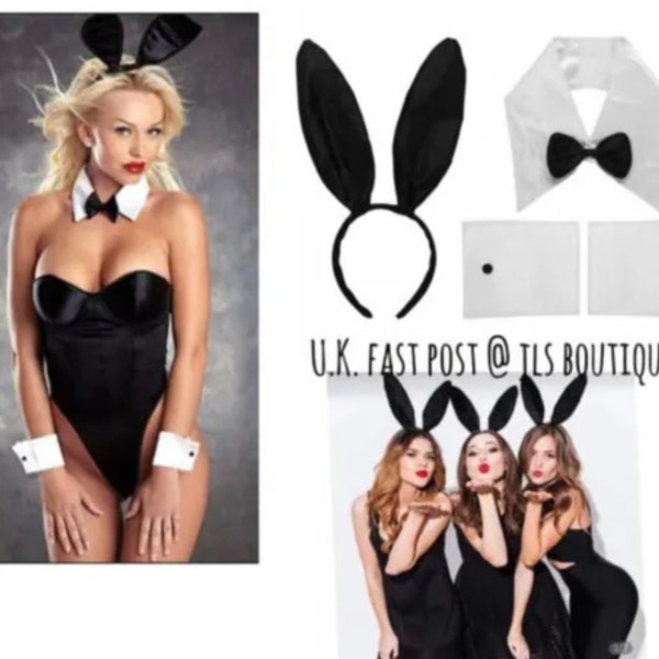 Ensemble de 4 pièces en satin de soie noir, oreilles de lapin, masque, poignets, bandeau, costume de déguisement