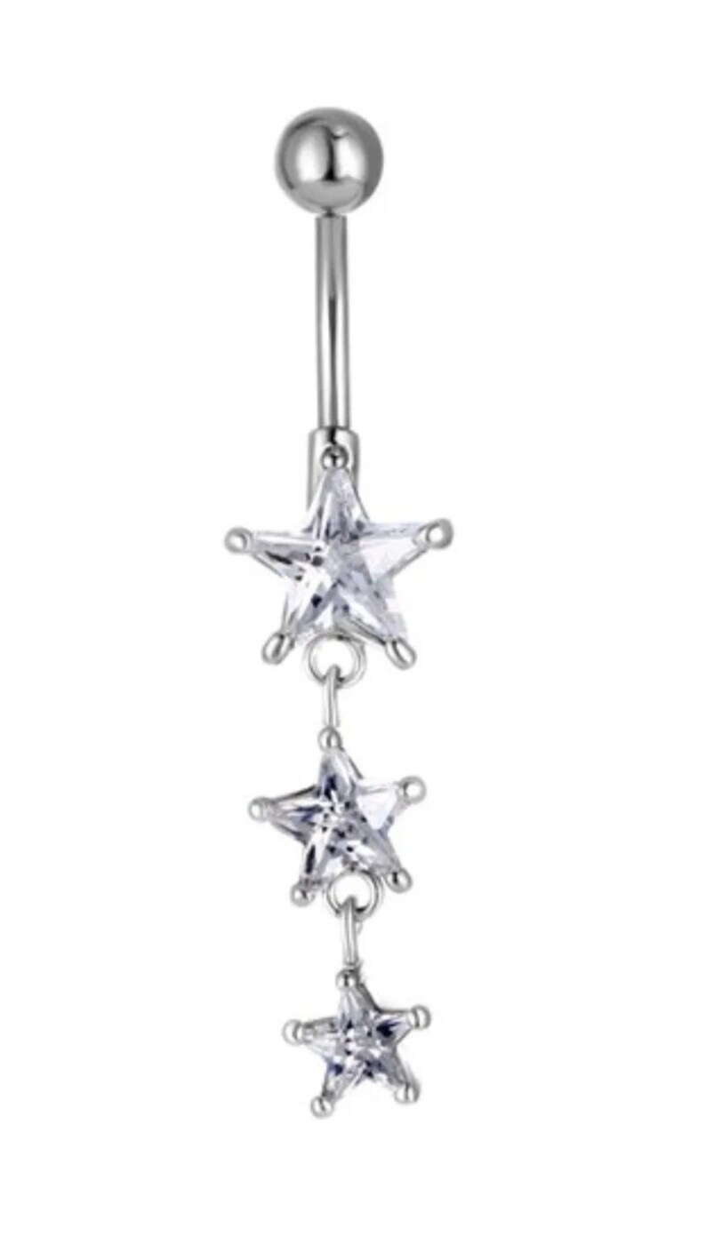 Sparkly Star Stars bungelende buikstang zilver helder 3 Dangly Stars