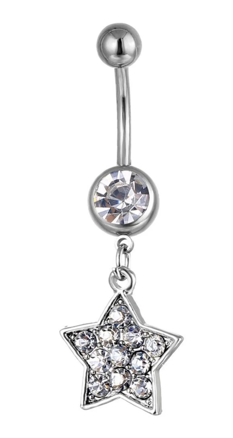 Sparkly Star Stars bungelende buikstang zilver helder 1 Dangly star