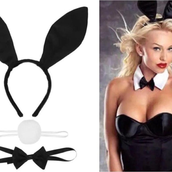 Black satin silk 3 piece set bunny rabbit ears mask neck cuff dickie bow tie headband tail fancy dress costume