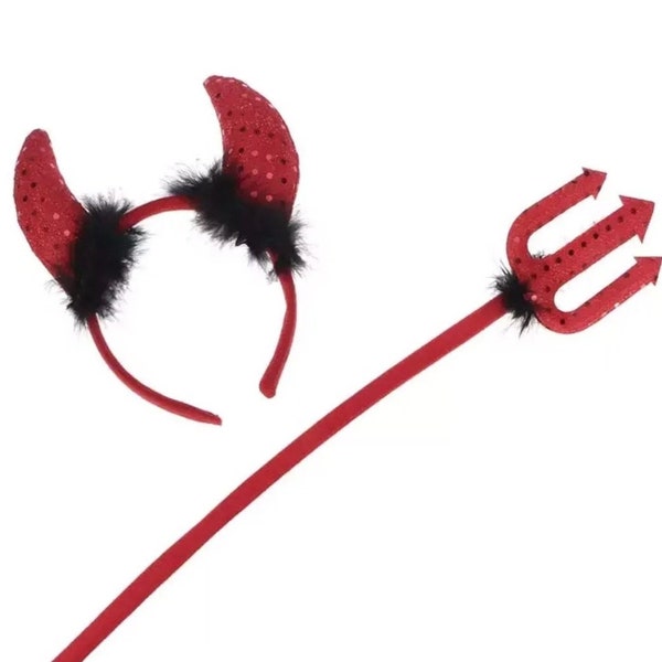 Devil horn set horns headband trident stick adults childs uk halloween costume fancy dress