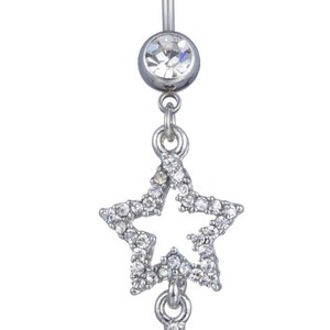 Sparkly Star Stars bungelende buikstang zilver helder 2 Diamante Stars