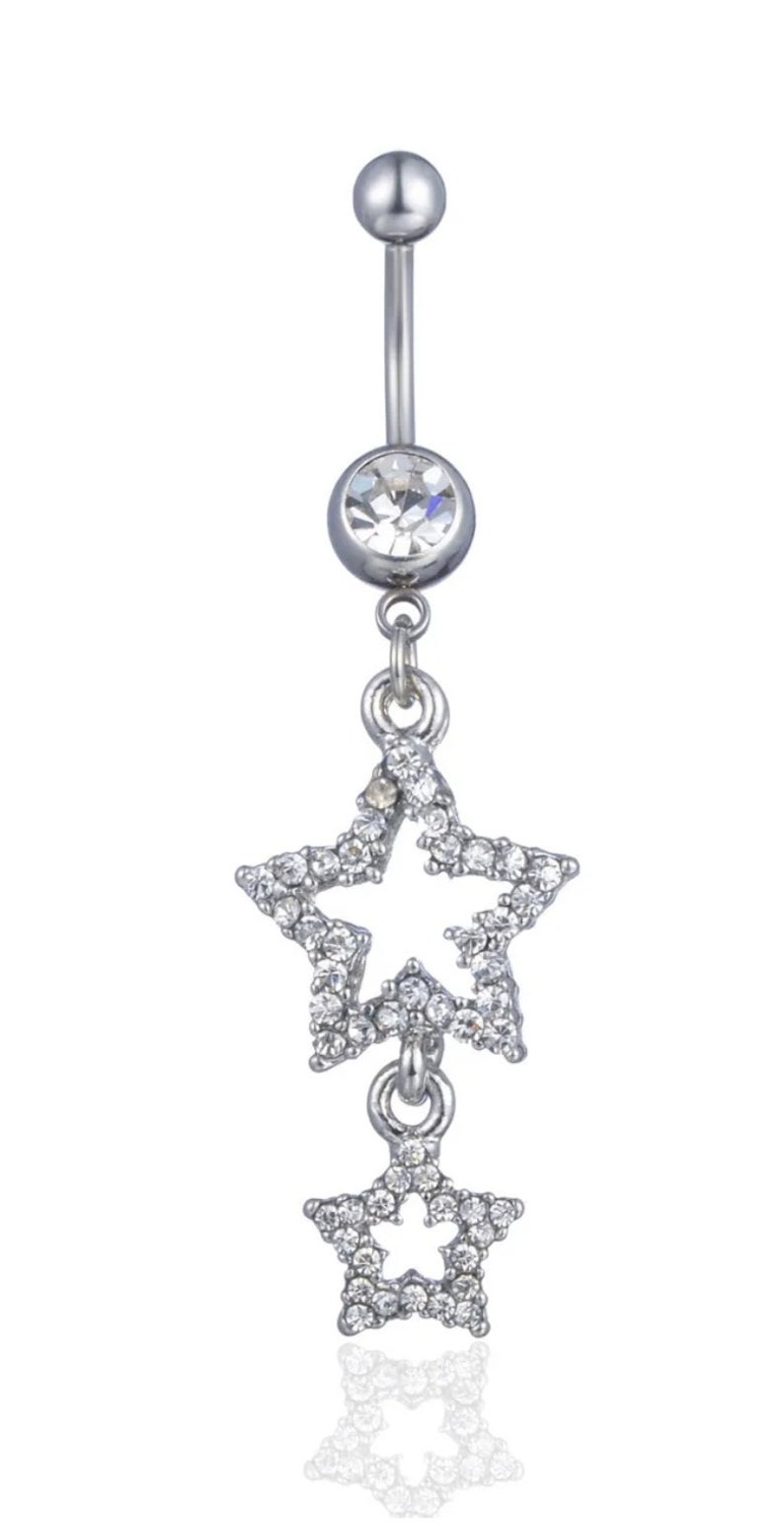 Sparkly Star Stars bungelende buikstang zilver helder 2 Diamante Stars