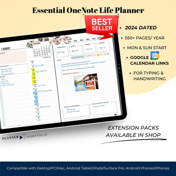OneNote planner 2024, hyperlinked onenote daily planner,weekly, monthly calendar for 2024, planner for iPad, Android, Windows, Mac