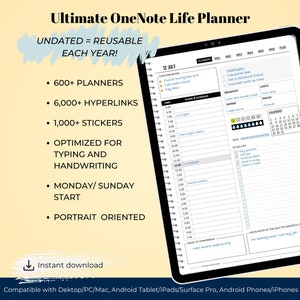 Undated Ultimate Life Planner, OneNote templates 2025. Hyperlinked daily weekly monthly planner for iPad, Android, Mac, Windows