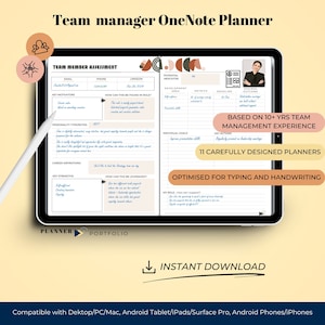 May include: A digital planner for team managers, designed for use with OneNote. The planner features a team member assessment section, a development area, and a section for setting individual goals. The planner is optimized for typing and handwriting. The text on the planner reads "Team manager OneNote Planner", "Based on 10+ yrs team management experience", "11 carefully designed planners", "Optimized for typing and handwriting", and "Instant download".