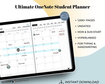 Ultimate Onenote template for students, hyperlinked daily study planner. Undated student planner for Android, iPad, Windows and Mac computer