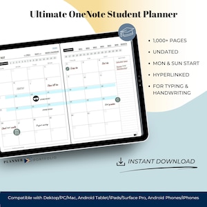 Ultimate Onenote template for students, hyperlinked daily study planner. Undated student planner for Android, iPad, Windows and Mac computer