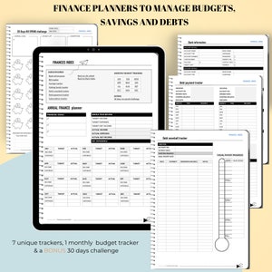 Five one note iPad finance planners. No spend challenge, bank information tracker, debt snowball tracker, debt payment tracker. A digital planner that looks like a 3D paper planner with a minimalist design in black, white, and grey.