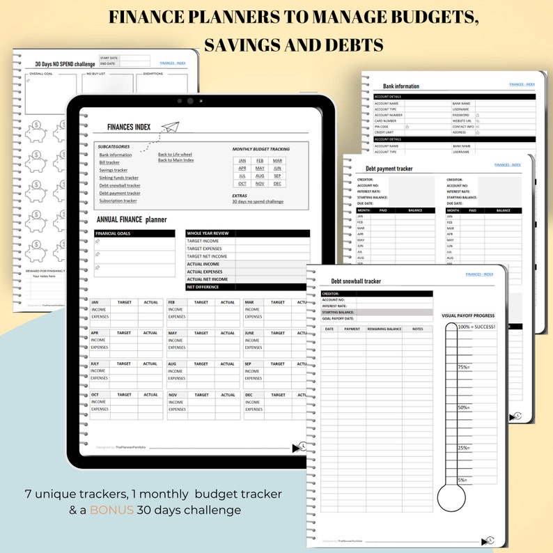 Five one note iPad finance planners. No spend challenge, bank information tracker, debt snowball tracker, debt payment tracker. A digital planner that looks like a 3D paper planner with a minimalist design in black, white, and grey.