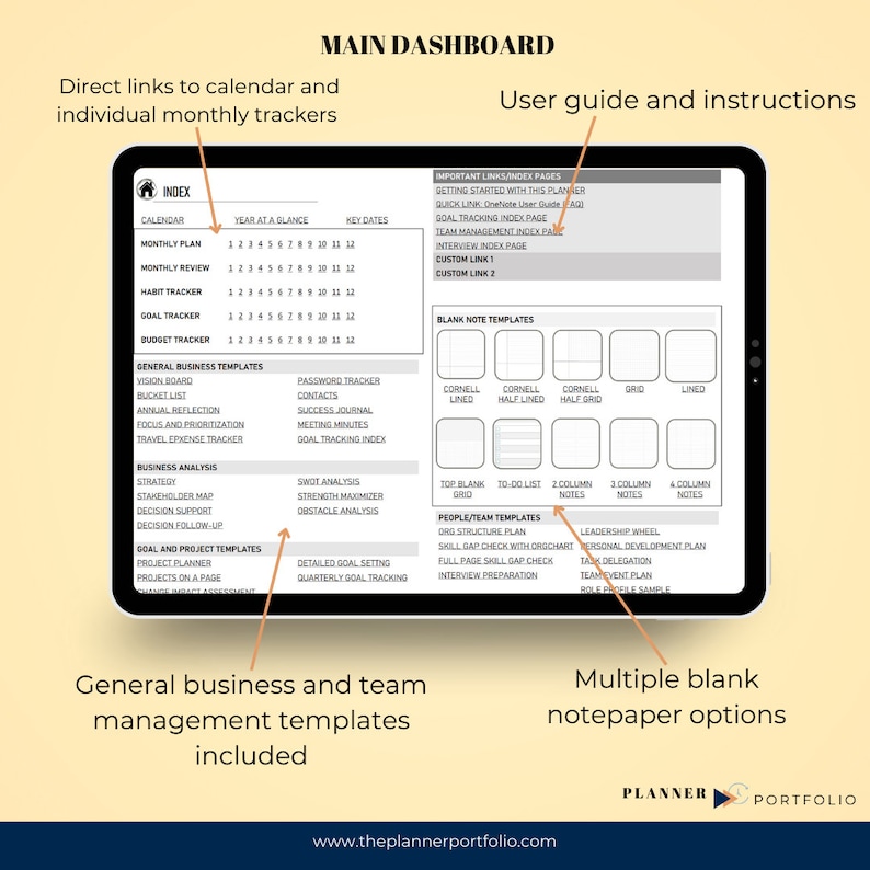 Onenote work planner with hyperlinks to an undated calendar and business planner templates. A digital planner index page that looks like a 3D paper planner with a minimalist design in black, white, and grey. Horizontal alignment.