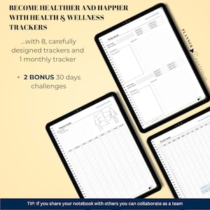 Three one note daily templates on a tablet to manage health. Recipe journal, diet progress tracker and period tracker.  A digital planner that looks like a 3D paper planner with a minimalist design in black, white, and grey. Portrait orientation.