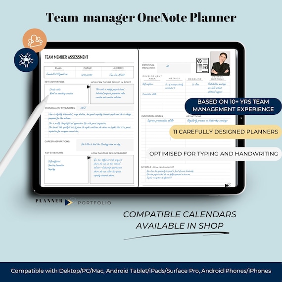 OneNote Planner, corporate planner for team manager, minimalist planner, OneNote template for Android, iPad, Windows, MacBook, Surface pro