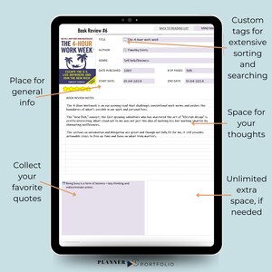 Onenote template, book review journal page. Portrait aligned, paper planner-looking planner with a minimalist design. Hyperlinked.