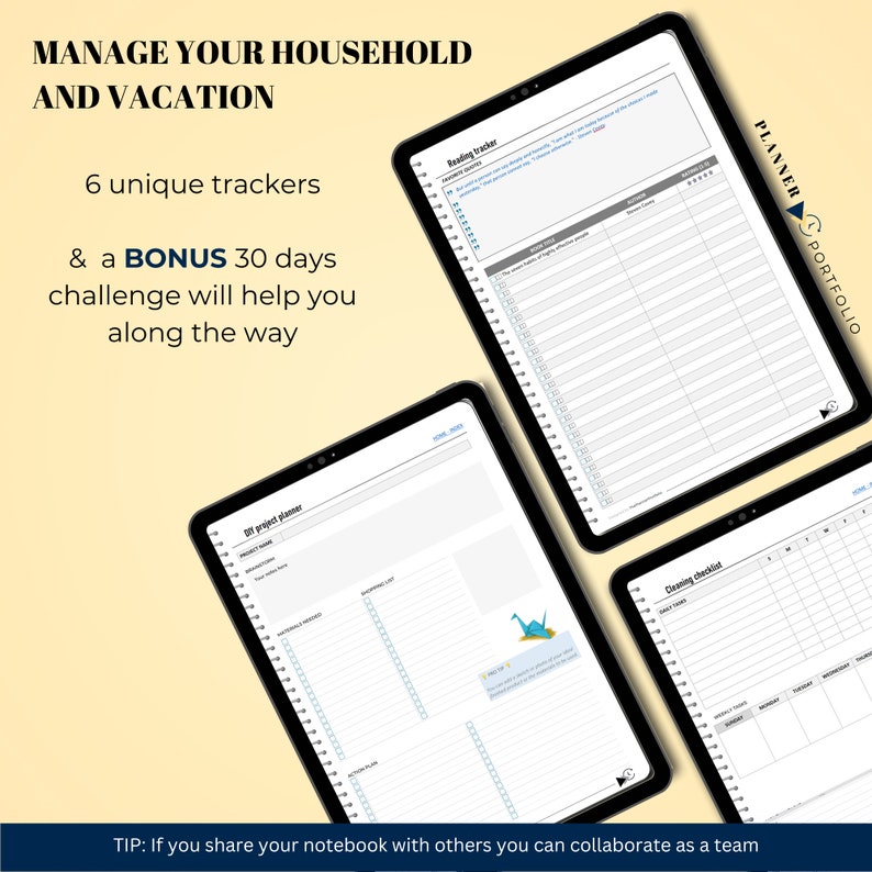Three one note daily templates on a tablet to manage a household. Reading tracker,  DIY project tracker, and cleaning checklist.  A digital planner that looks like a 3D paper planner with a minimalist design in black, white, and grey.