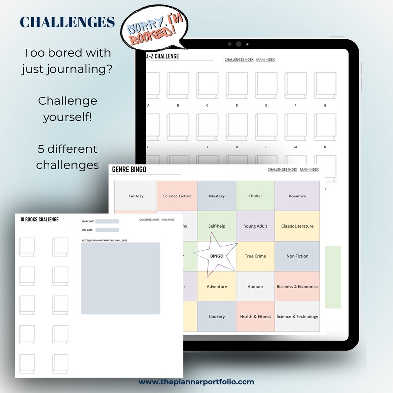 Onenote template, book journal, book review journal. Book reading challenge, Portrait aligned, with a minimalist design. Hyperlinked.