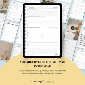 One note daily planner, weekly planner and monthly planners to manage life. A digital planner that looks like a 3D paper planner with a minimalist design in black, white, and grey. Portrait  orientation, hyperlinked. Year check-in planner for iPad.