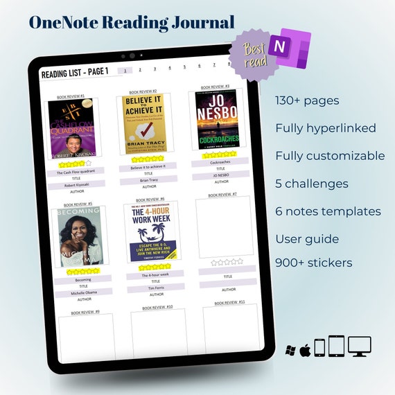 OneNote Reading Journal and Book Review Journal I Fully hyperlinked OneNote template for iPad, Windows, Mac and Android