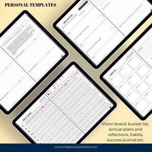 Four onenote digital planner templates on a page: success journal, year at a glance, bucket list, annual planner, and reflection. Horizontally aligned, paper planner-looking planner with a minimalist design in black, white, and grey. Hyperlinked.