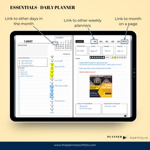 One note calendar template, daily work planner, and priority tracker with a minimalist design in black, white, and grey. Horizontal alignment, fully hyperlinked for easy navigation. Links to yearly calendar, day of month, and weeks of month on top.