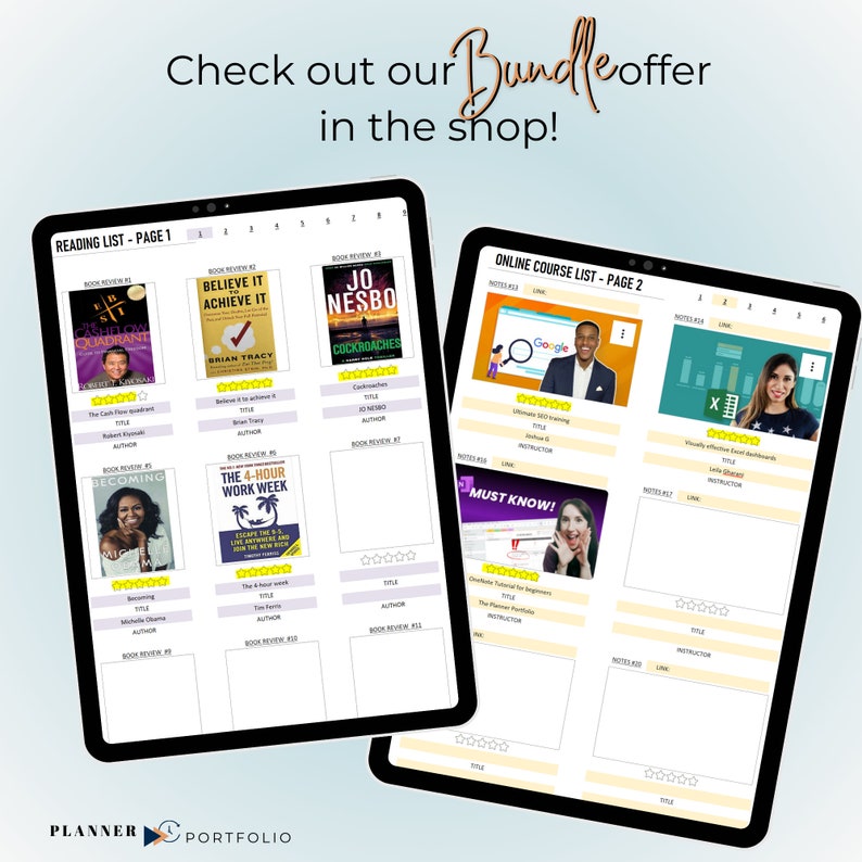 Onenote template, study journal and reading journal bundle promo page.
