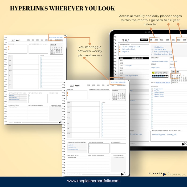 Three one note templates on a tablet to manage life. Weekly planner, ideal week planner, daily planner.  A digital planner that looks like a 3D paper planner with a minimalist design in black, white, and grey. Portrait orientation, hyperlinked