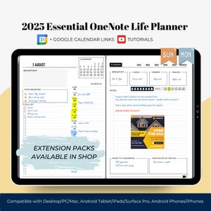 Planificador minimalista de OneNote para 2025. Plantillas de OneNote. Planificador diario con hipervínculos completos para iPad, Android, Windows, Mac y Surface Pro.