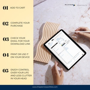May include: A digital planner on a tablet with a stylus pen. The planner has a daily layout with sections for appointments, tasks, and notes. The tablet is on a wooden surface with a light brown background. The text on the image reads "PLANNER PORTFOLIO" and "www.theplannerportfolio.com".