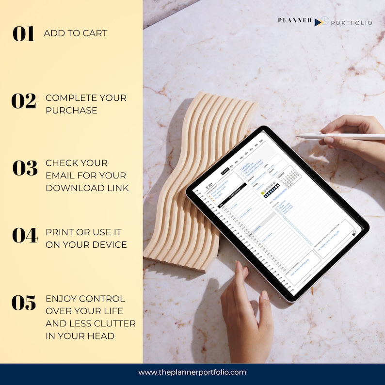 May include: A digital planner on a tablet with a stylus pen. The planner has a daily layout with sections for appointments, tasks, and notes. The tablet is on a wooden surface with a light brown background. The text on the image reads "PLANNER PORTFOLIO" and "www.theplannerportfolio.com".