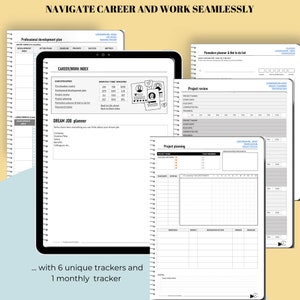 Five one note business templates on a tablet to career and work. Development plan, project review, project planning and pomodoro tracker.  A digital planner that looks like a 3D paper planner with a minimalist design in black, white, and grey.