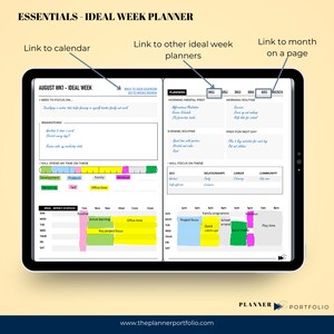 One note calendar template, weekly planner, and business planner with a minimalist design in black, white, and grey. Horizontal alignment, fully hyperlinked for easy navigation. Links to yearly calendar, weekly review, and monthly planner on top.