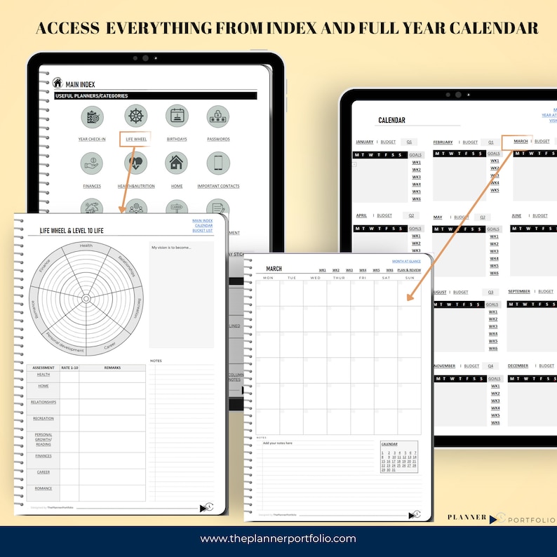 Four one note templates on tablets to manage life. Life wheel, index page, annual calendar, monthly planner.  A digital planner that looks like a 3D paper planner with a minimalist design in black, white, and grey. Portrait orientation, hyperlinked