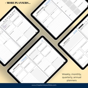 Four onenote digital planner templates on a page: weekly review, habit tracker, monthly review, and quarterly planner. Horizontally aligned, paper planner-looking planner with a minimalist design in black, white, and grey. Hyperlinked.