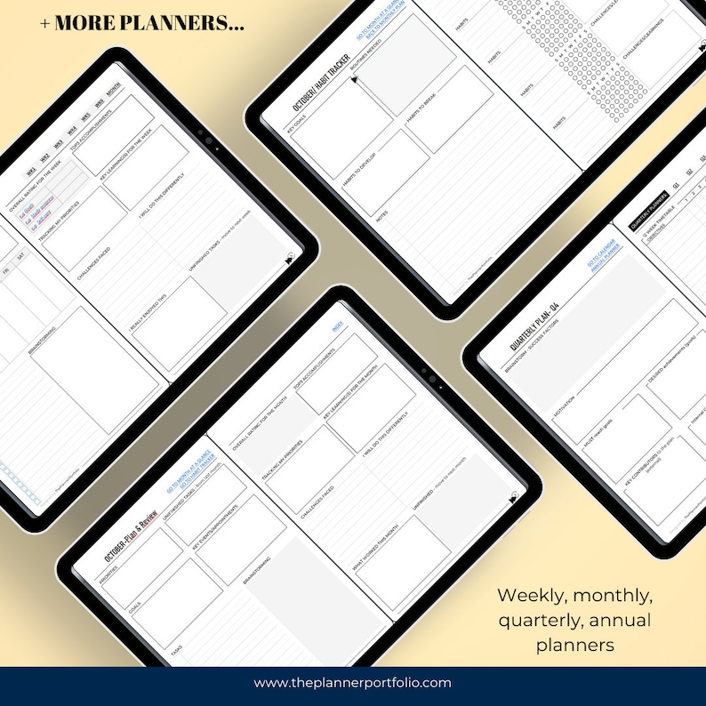 Four onenote digital planner templates on a page: weekly review, habit tracker, monthly review, and quarterly planner. Horizontally aligned, paper planner-looking planner with a minimalist design in black, white, and grey. Hyperlinked.