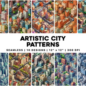 Seamless Artistic City Patterns - Seamless Digital Paper - 10 Designs - 12&quot; x 12&quot; - Commercial Use