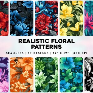 Realistic Floral Digital Paper - Seamless Realistic Floral Patterns - 10 Designs - 12&quot; x 12&quot; - Commercial Use