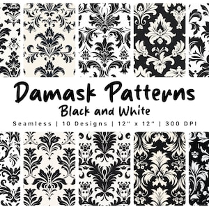 Seamless Black & White Damask Patterns - Seamless Digital Paper - 10 Designs - 12&quot; x 12&quot; - Commercial Use
