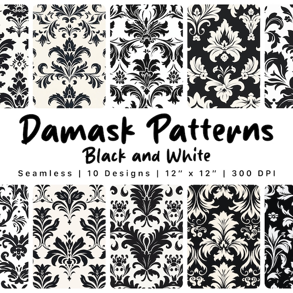 Seamless Black & White Damask Patterns - Seamless Digital Paper - 10 Designs - 12" x 12" - Commercial Use