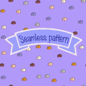 May include: A seamless pattern featuring a variety of coloured hamsters on a light purple background. The pattern includes hamsters in shades of brown, grey, white, and orange. The text "Seamless pattern" is displayed on a blue ribbon.