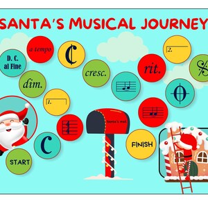 Pu&ograve; includere: Un tabellone di gioco colorato con note musicali e simboli. Il gioco si chiama "Il viaggio musicale di Babbo Natale" e presenta un personaggio di Babbo Natale all'inizio e una casetta di pan di zenzero al traguardo.