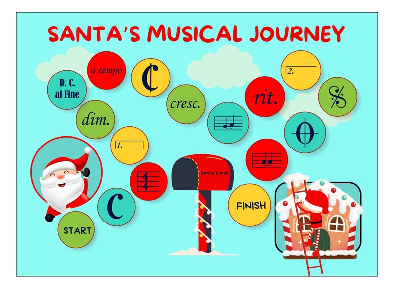 Pu&ograve; includere: Un tabellone di gioco colorato con note musicali e simboli. Il gioco si chiama "Il viaggio musicale di Babbo Natale" e presenta un personaggio di Babbo Natale all'inizio e una casetta di pan di zenzero al traguardo.
