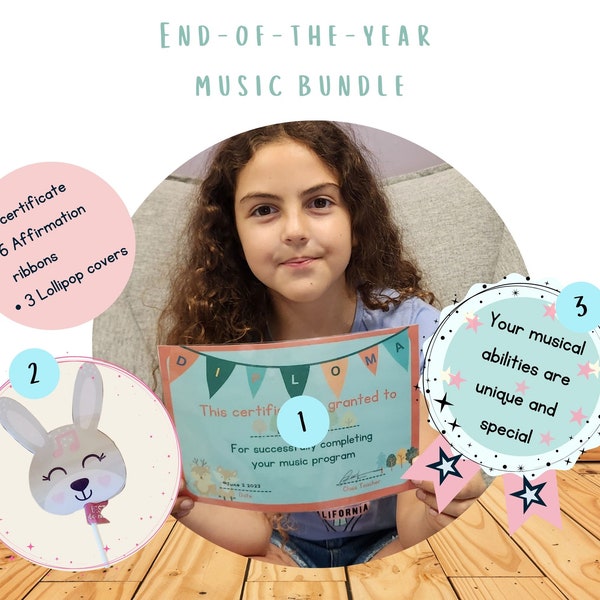 End-of-the-year Piano student Bundle for Piano teacher| Music education| Music teacher gift| Printable Music Certificate Ribbon and Lollipop