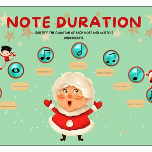 Pu&ograve; includere: Un foglio di lavoro illustrato verde e bianco con il titolo "NOTE DURATION" e istruzioni per identificare la durata di ogni nota e scriverla sotto. Il foglio di lavoro presenta un'immagine di cartone animato di Babbo Natale, due elfi e note musicali.