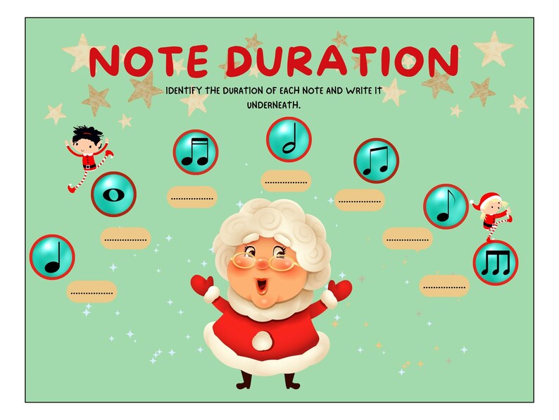 Pu&ograve; includere: Un foglio di lavoro illustrato verde e bianco con il titolo "NOTE DURATION" e istruzioni per identificare la durata di ogni nota e scriverla sotto. Il foglio di lavoro presenta un'immagine di cartone animato di Babbo Natale, due elfi e note musicali.