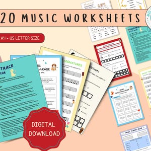 20 Music Worksheets Music Education Theory Piano Teacher Resources Music Notes & Chords Music Classroom Homeschool Aids Treble and Bass clef