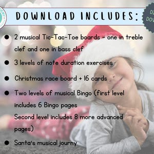 Pu&ograve; includere: Un download digitale per l'educazione musicale natalizia include 2 giochi musicali di Tic-Tac-Toe, 3 livelli di esercizi di durata delle note, un tabellone di corsa natalizio con 16 carte, 2 livelli di Bingo musicale e il viaggio musicale di Babbo Natale.