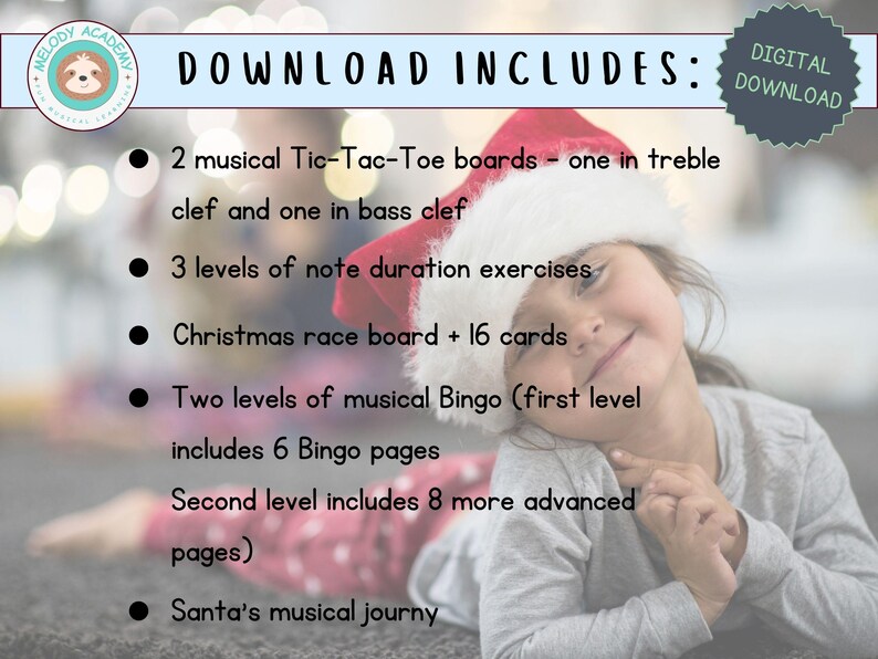 Pu&ograve; includere: Un download digitale per l'educazione musicale natalizia include 2 giochi musicali di Tic-Tac-Toe, 3 livelli di esercizi di durata delle note, un tabellone di corsa natalizio con 16 carte, 2 livelli di Bingo musicale e il viaggio musicale di Babbo Natale.