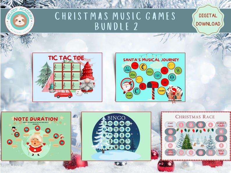 Pu&ograve; includere: Un set di quattro giochi di musica natalizi per bambini. I giochi includono Tic Tac Toe, Il viaggio musicale di Babbo Natale, Durata della nota, Bingo e Corsa di Natale. I giochi sono illustrati con immagini festive di Babbo Natale, un pupazzo di neve, un albero di Natale e un gnomo.