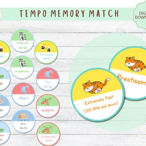 Peut inclure: Un jeu de mémoire Tempo avec des illustrations colorées. Le jeu présente des cartes circulaires avec des personnages d'animaux et des termes de tempo musicaux comme "Vivace" et "Prestissimo". Le tempo est indiqué par des plages de BPM (battements par minute).